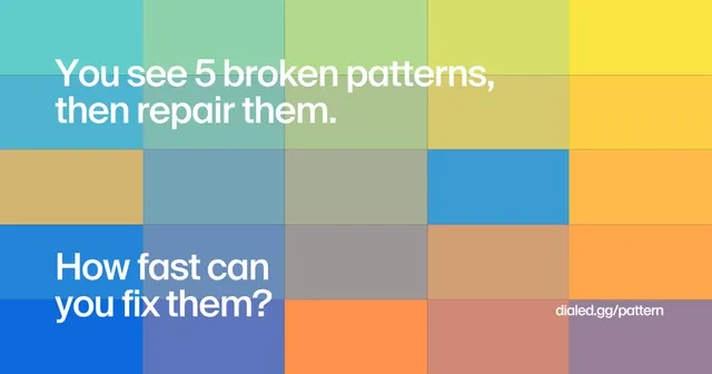 Pattern card over a grid of colour tiles reading You see 5 broken patterns, then repair them. How fast can you fix them?