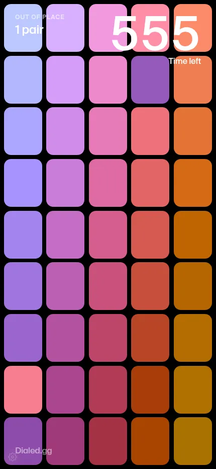 The same Dialed Pattern daily board at phone size: tall gradient tiles from lilac to amber, the Out of place counter reading 1 pair and the timer