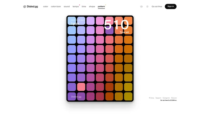 Today's Dialed Pattern daily board on desktop: a 7 by 9 gradient of lilac, pink and amber tiles with one pair out of place, a purple tile high up and a pink one low down