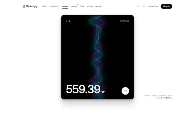 The 21 October 2026 Dialed Sound daily on desktop: tone 1 of 5, a purple and green waveform with the pitch dial at 559.39 Hz and the next arrow