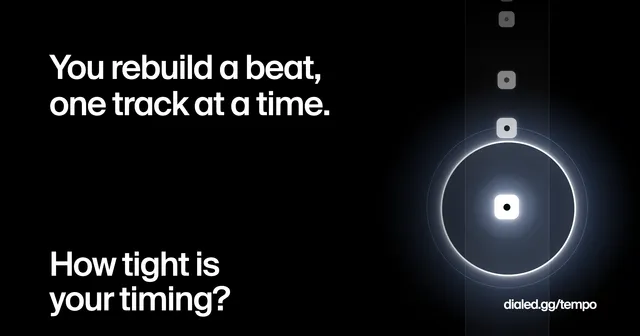 Tempo card reading You rebuild a beat, one track at a time. How tight is your timing? with notes falling into a glowing circle