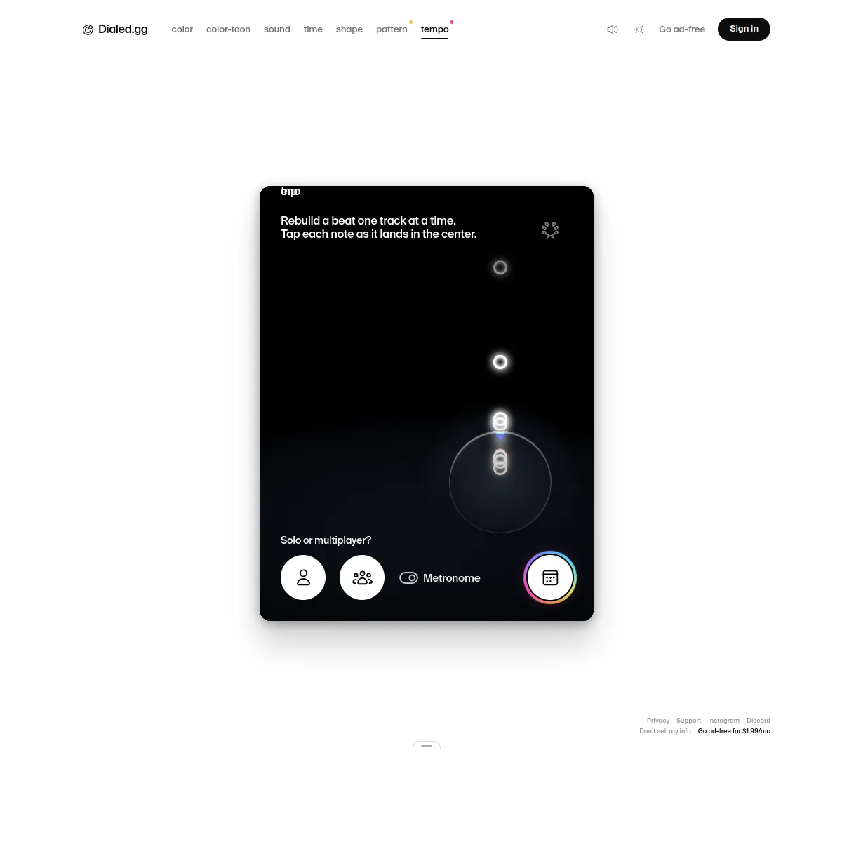 Tempo game panel on Dialed with notes dropping toward the centre circle, solo and multiplayer buttons and a metronome toggle