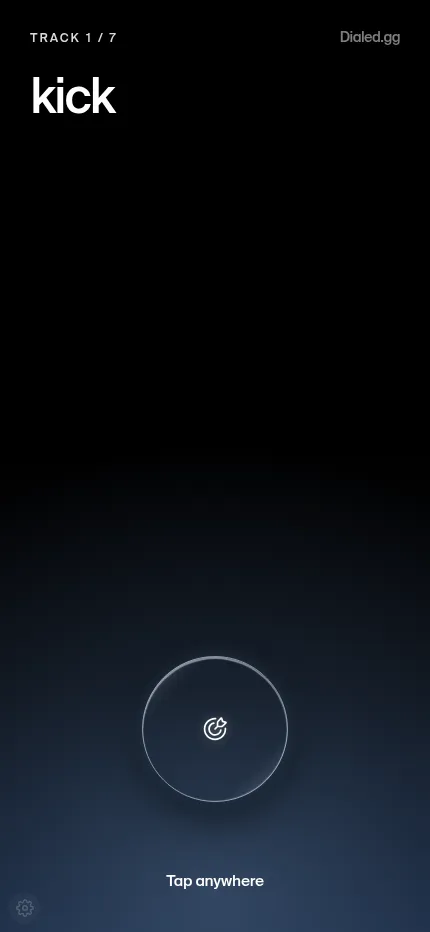 Dialed Tempo's daily at phone size: Track 1 of 7, kick, with the tap circle and Tap anywhere