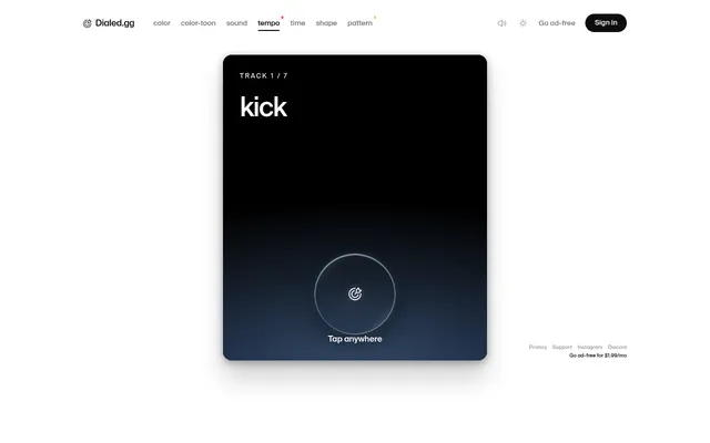 Dialed Tempo's 21 October 2026 daily on desktop: Track 1 of 7, kick, with the tap circle at the bottom and Tap anywhere