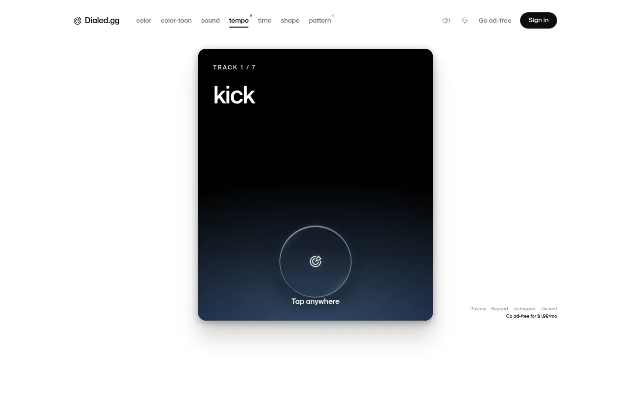 Dialed Tempo's 21 October 2026 daily on desktop: Track 1 of 7, kick, with the tap circle at the bottom and Tap anywhere