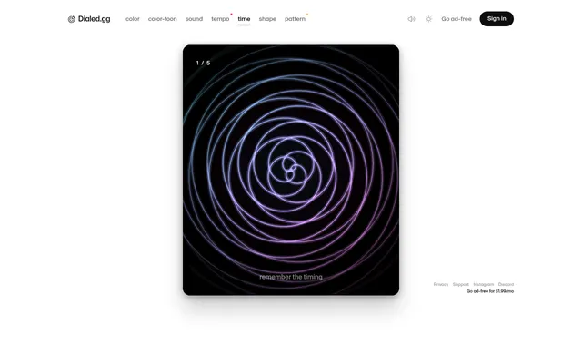 Dialed Time daily, round 1 of 5: purple and blue rings pulse on a black card while the duration plays, with the prompt remember the timing