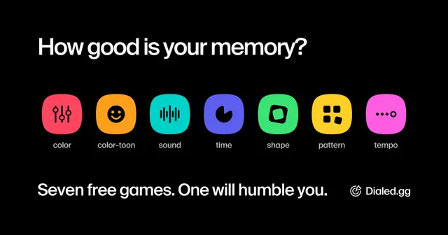 Dialed share image: How good is your memory? with icons for color, color-toon, sound, time, shape, pattern and tempo