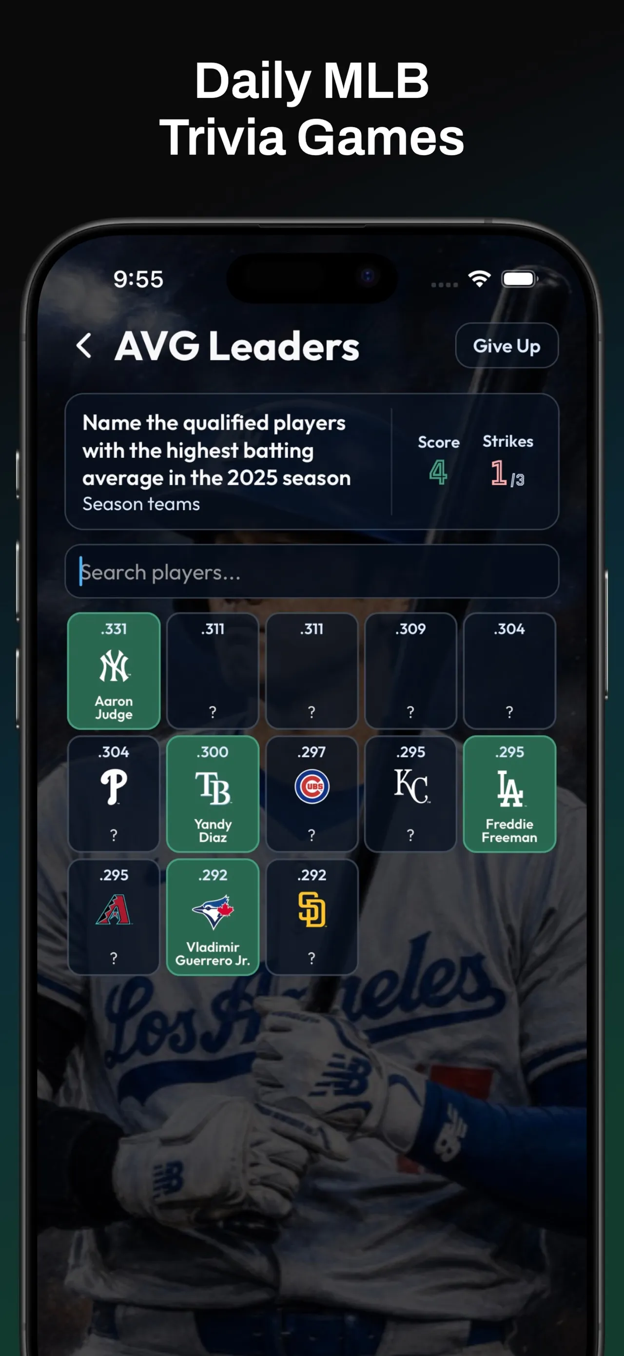 Diamond Trivia AVG Leaders: name the qualified players with the highest batting average in 2025, a grid of averages with Aaron Judge, Yandy Diaz, Freddie Freeman and Vladimir Guerrero Jr. found, score