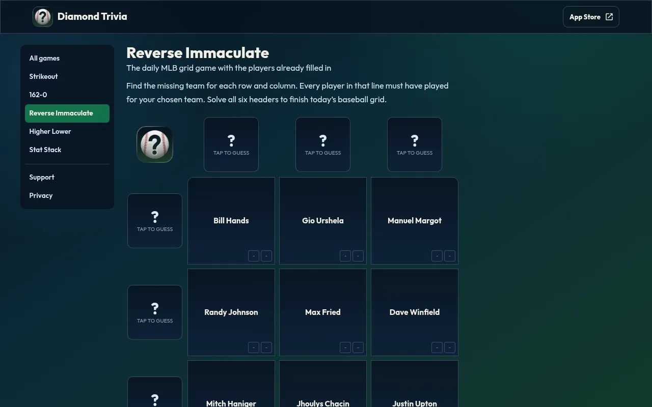 Diamond Trivia Reverse Immaculate grid: players such as Randy Johnson, Max Fried and Dave Winfield filled in, with the six team headers left to guess