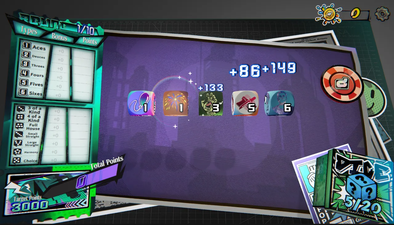 Dice Player One mid-round: five illustrated dice scoring +133 and +149 beside the sheet of aces to choice, with a target of 3000 points