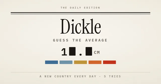 Dickle card: the game's name over 'Guess the average', a hidden figure in centimetres and a five-colour closeness scale