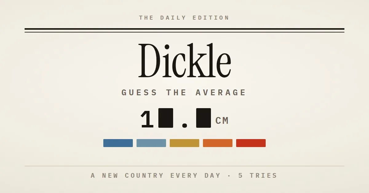 Dickle card: the game's name over 'Guess the average', a hidden figure in centimetres and a five-colour closeness scale