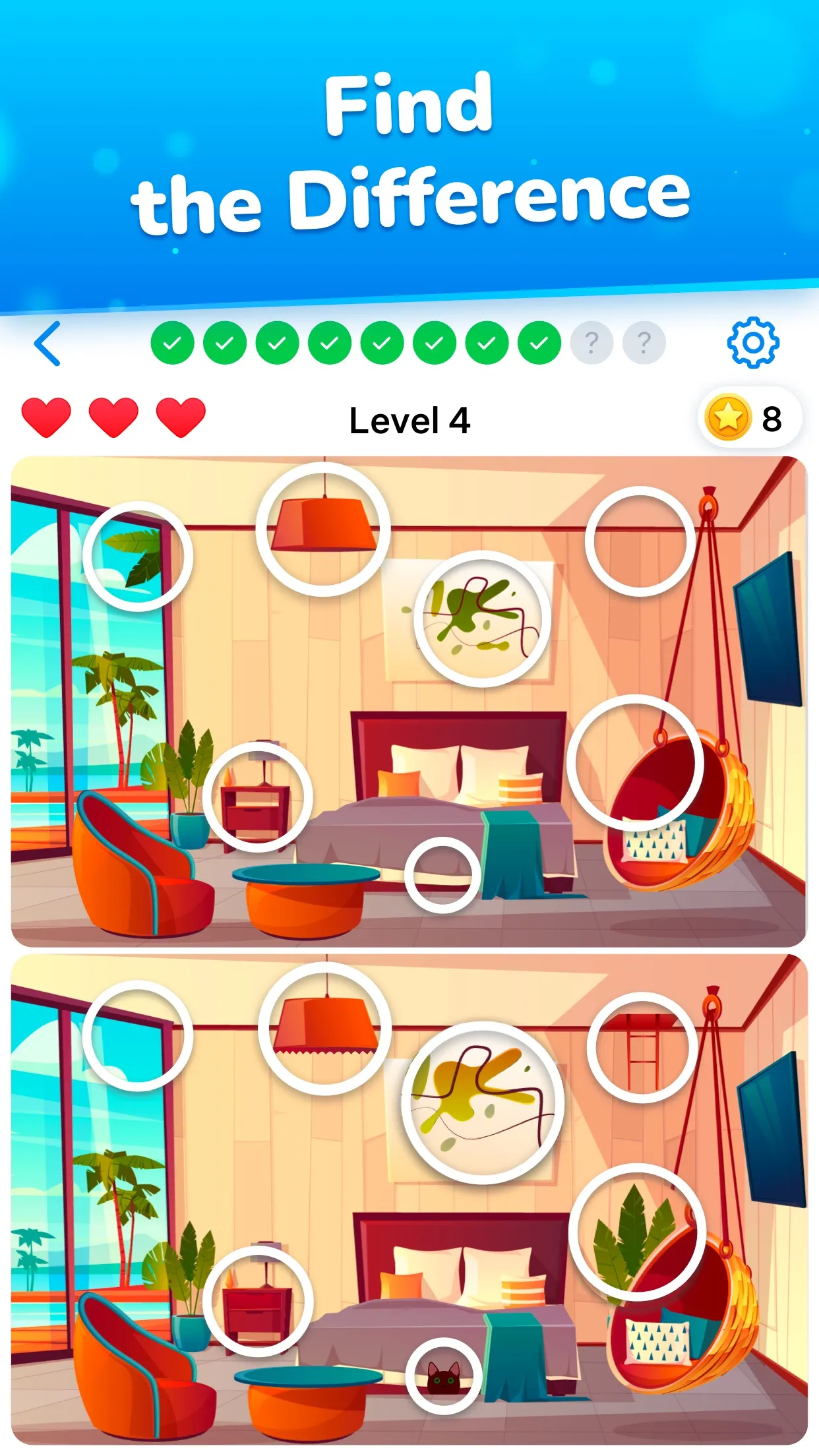 Easybrain Differences, level 4: two illustrated bedrooms one above the other, with circles marking differences such as a lampshade, a painting and a cat under the bed