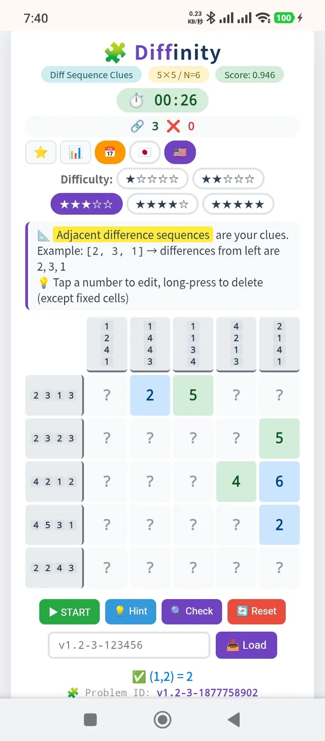 Diffinity on a phone in English: a 5x5 grid with difference clues beside each row and above each column, a few fixed numbers, the difficulty stars and the timer