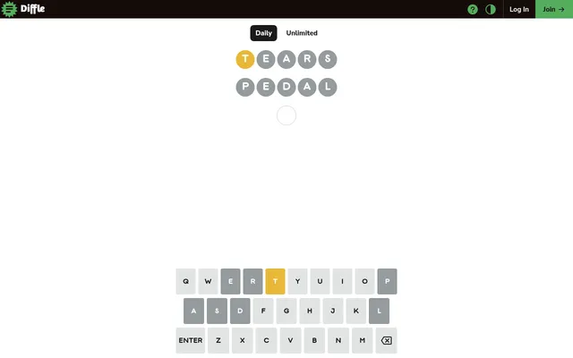 Today's Diffle board on a desktop after two guesses, TEARS and PEDAL, with one letter marked yellow and the rest grey above the on-screen keyboard