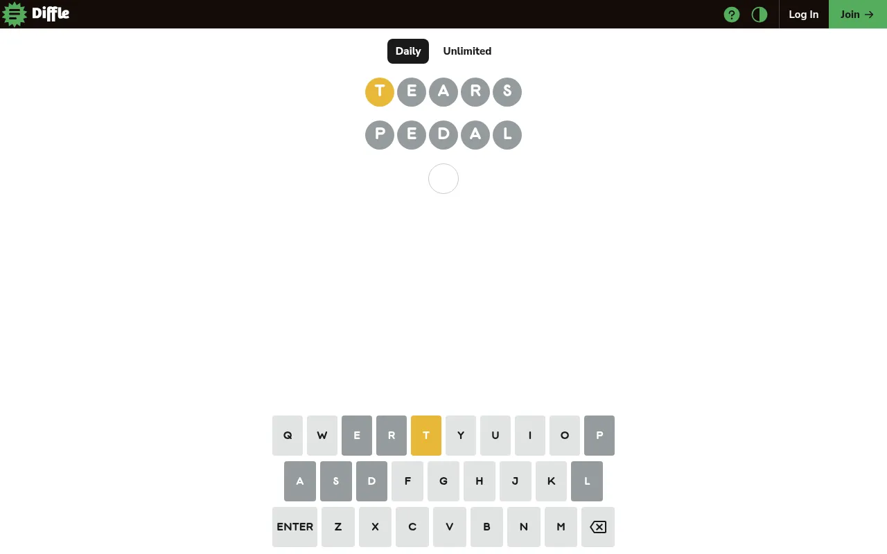 Today's Diffle board on a desktop after two guesses, TEARS and PEDAL, with one letter marked yellow and the rest grey above the on-screen keyboard