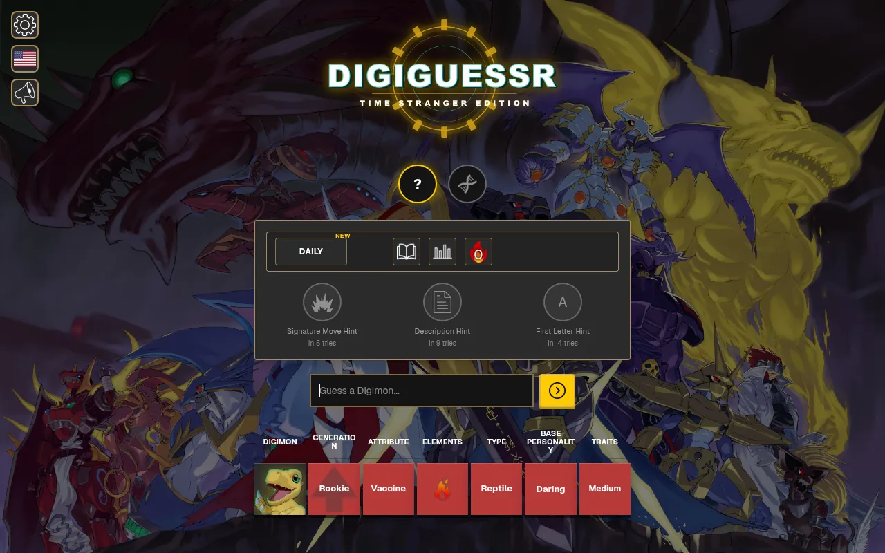 Digiguessr Classic mode: a guess of Agumon with red cells for Rookie, Vaccine, fire element, Reptile, Daring and Medium, under the hint panel