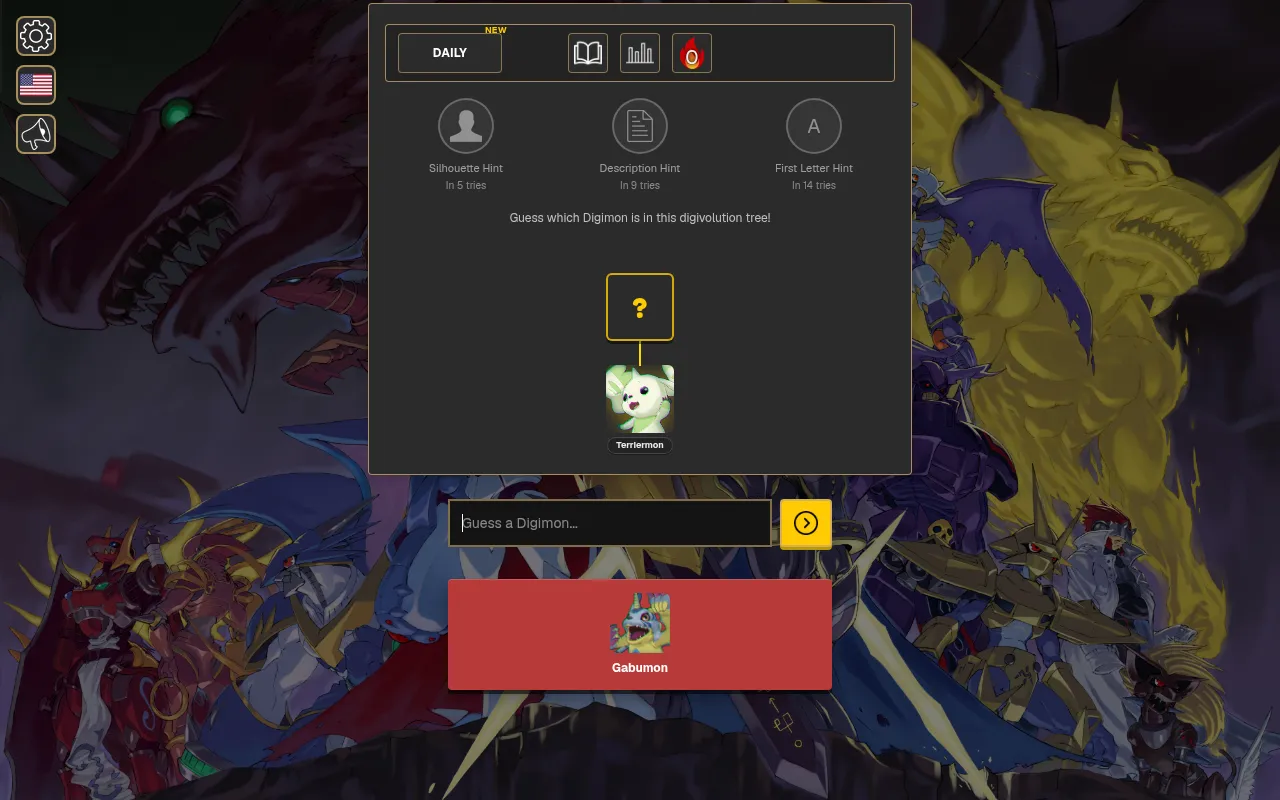 Digiguessr Digivolution Path: a question mark node above Terriermon in the tree, with a wrong guess of Gabumon below