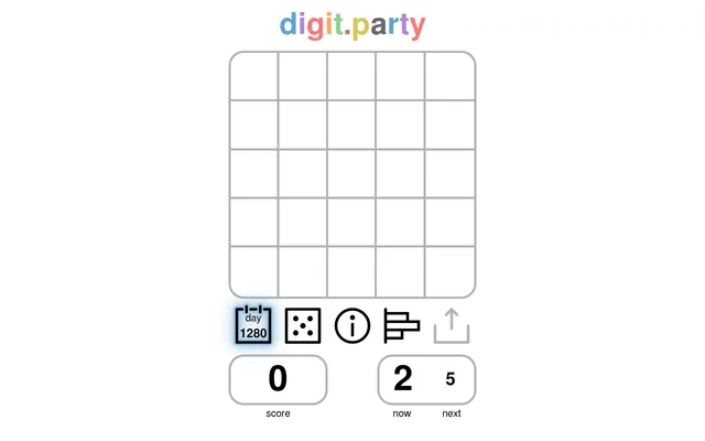 digit.party day 1280: an empty 5 by 5 grid under the coloured digit.party title, with a score of 0 and the current digit 2 and next digit 5 shown below
