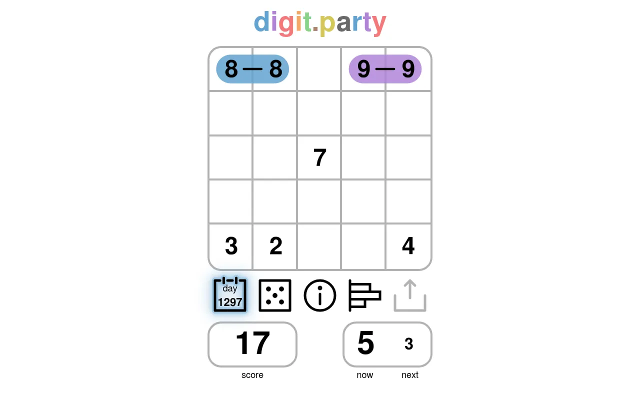 digit.party day 1297 in play on desktop: a 5x5 grid with joined pairs of 8s and 9s, a score of 17, and 5 now with 3 next