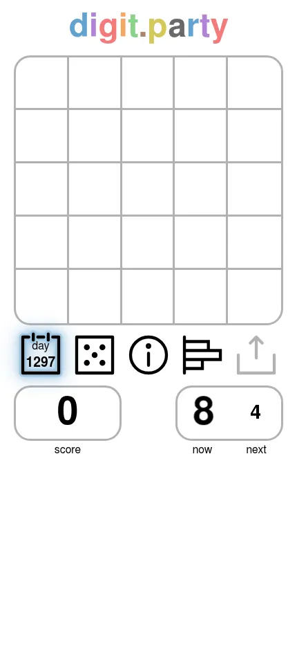 digit.party day 1297 at phone size: the empty 5x5 board above the daily, random, about, history and share buttons, with 8 now and 4 next