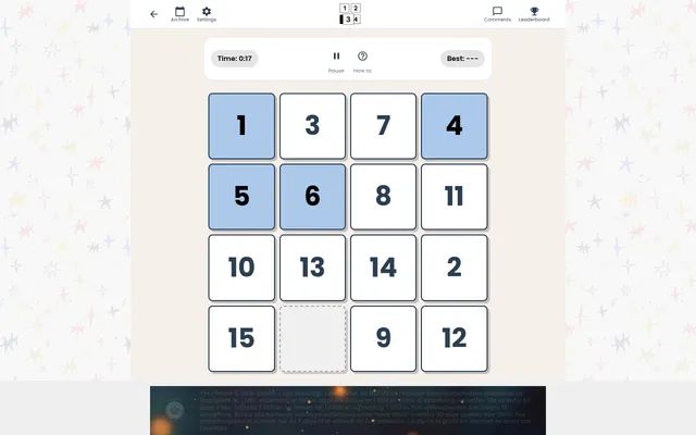The day's Digit Shift: a scrambled 4 by 4 board of numbered tiles with one gap, tiles 1, 4, 5 and 6 already in place, under a running timer