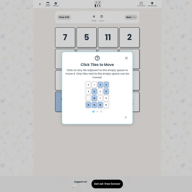Digit Shift 4x4 board of numbered tiles with a timer and the Click Tiles to Move guide