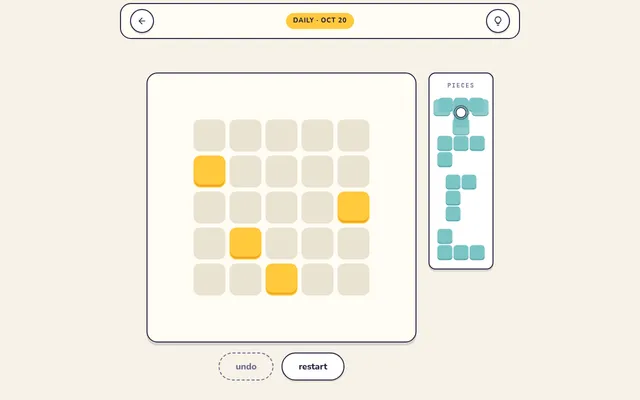 Diminoes daily puzzle for 20 October: a 5x5 grid with four lit yellow squares and four teal tetromino pieces waiting in the pieces panel