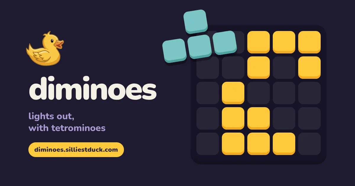 Diminoes share card: a 5x5 board of lit and dark squares with a teal T tetromino above it, beside the words lights out, with tetrominoes