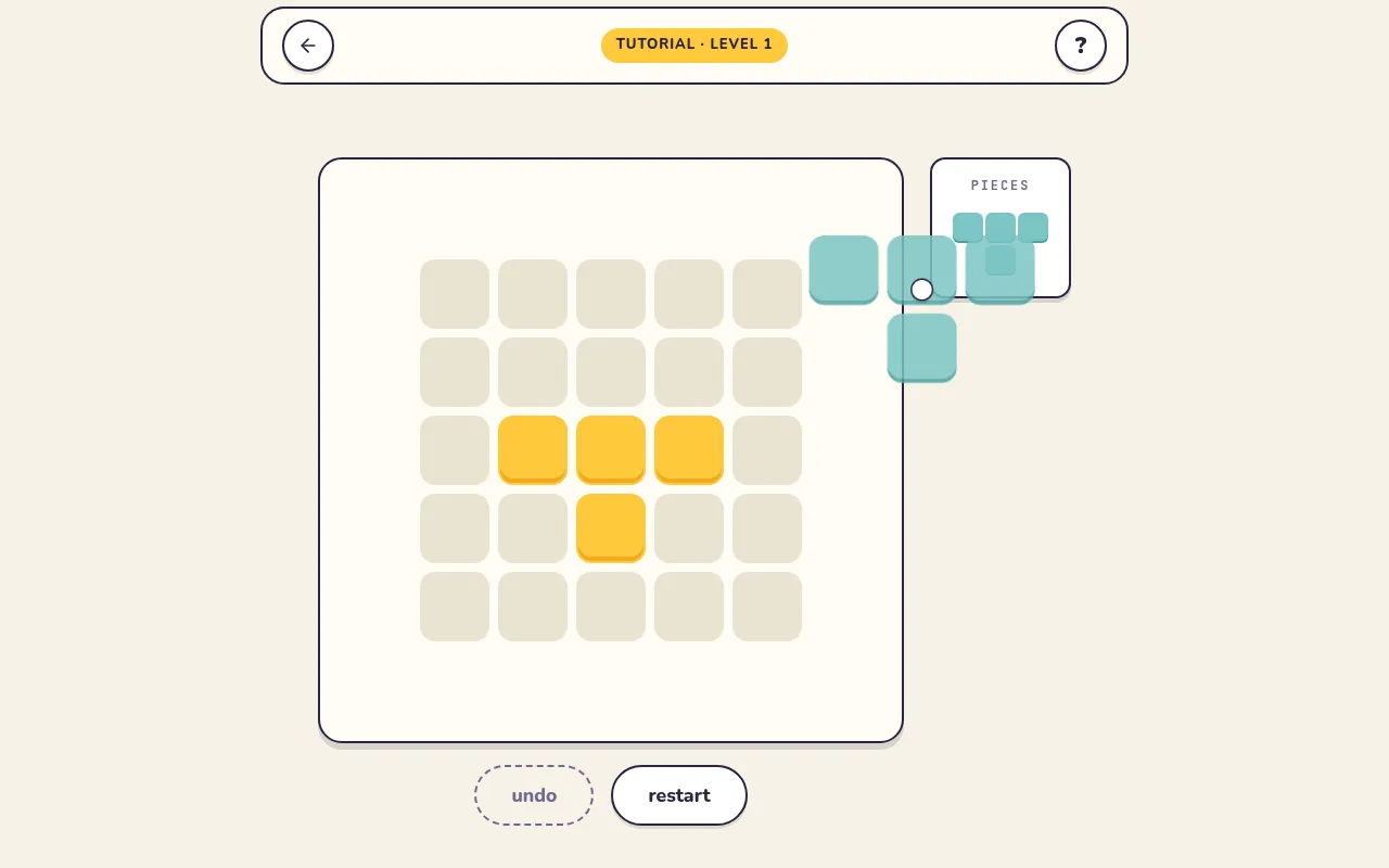 Diminoes tutorial level 1: a 5x5 grid with four squares lit in a T shape and a teal T tetromino being dragged from the pieces panel