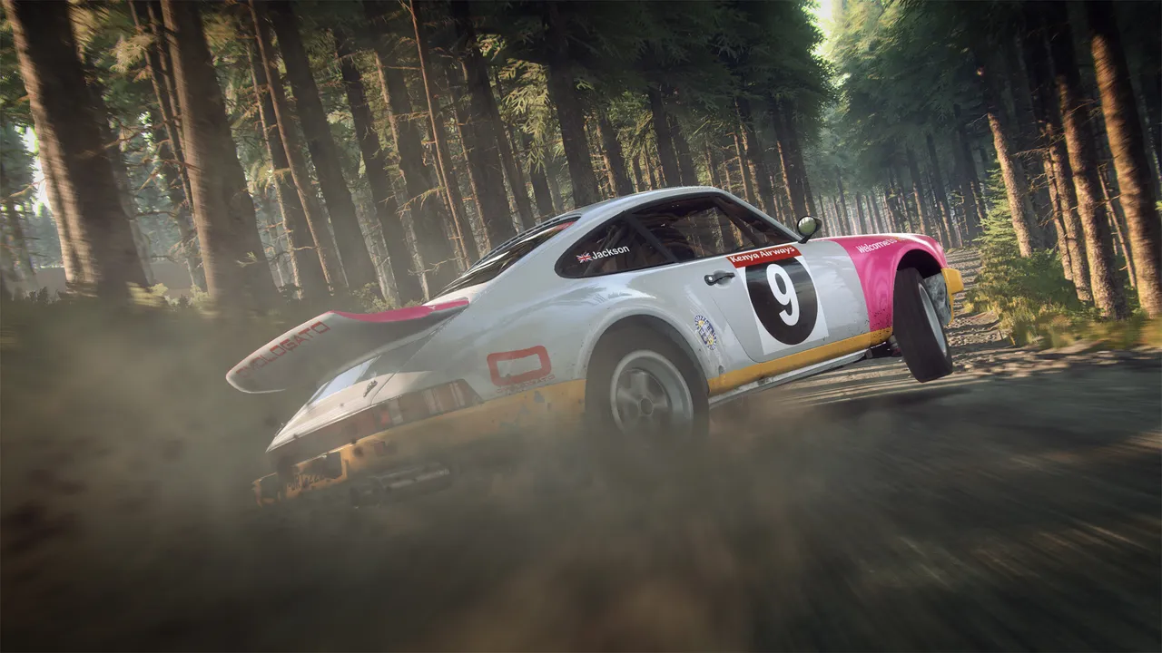 A white Porsche 911 rally car with the number 9 slides through a forest stage in DiRT Rally 2.0