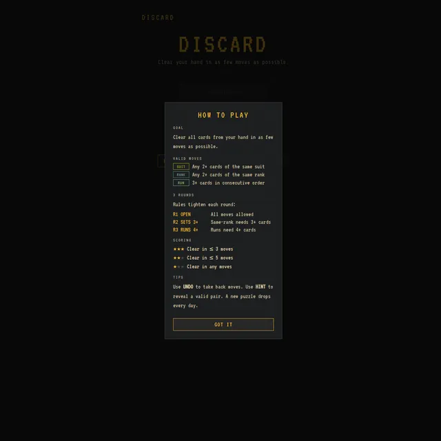 Discard how-to-play panel listing valid moves (suit, rank, run), the three rounds and star scoring