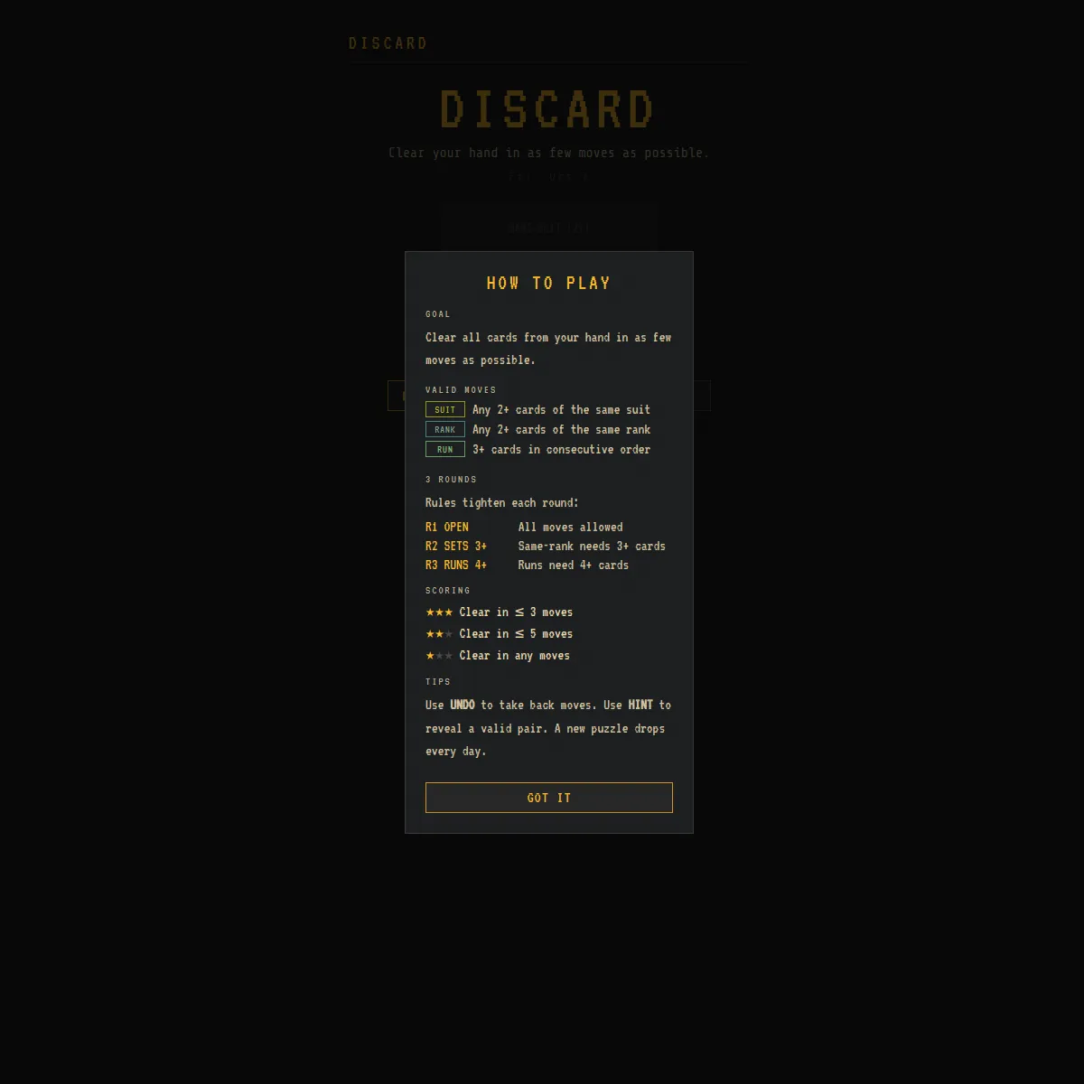 Discard how-to-play panel listing valid moves (suit, rank, run), the three rounds and star scoring