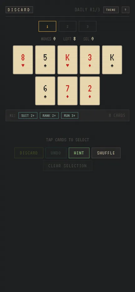 Discard on a phone: the same daily round 1 hand of eight cards laid out in two rows above the move buttons