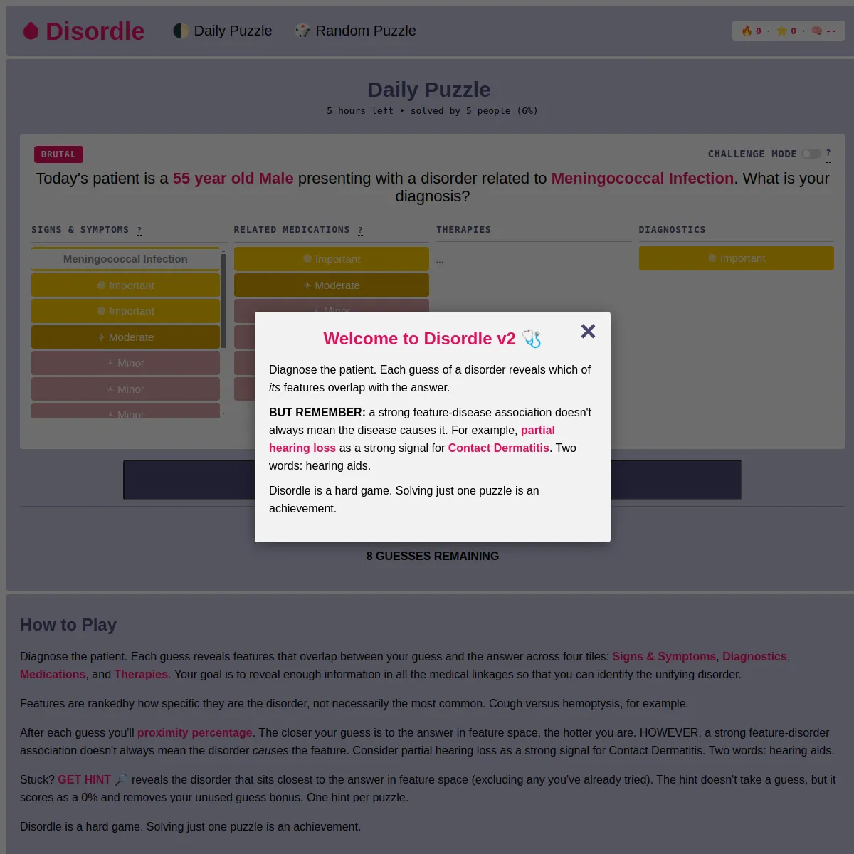 Disordle daily puzzle with a Brutal case, feature columns for signs, medications, therapies and diagnostics, and the welcome panel