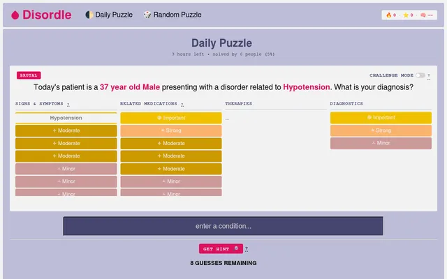Disordle's daily puzzle: a Brutal case of a 37 year old man with a disorder related to hypotension, with columns for signs and symptoms, related medications, therapies and diagnostics above the guess