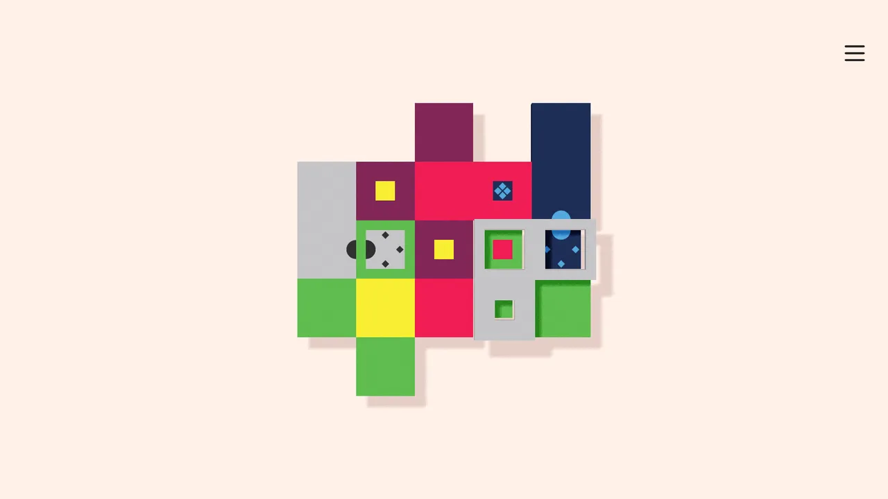 A later Dissembler level with grey, green, pink, navy and yellow tiles, some tiles layered with smaller coloured squares