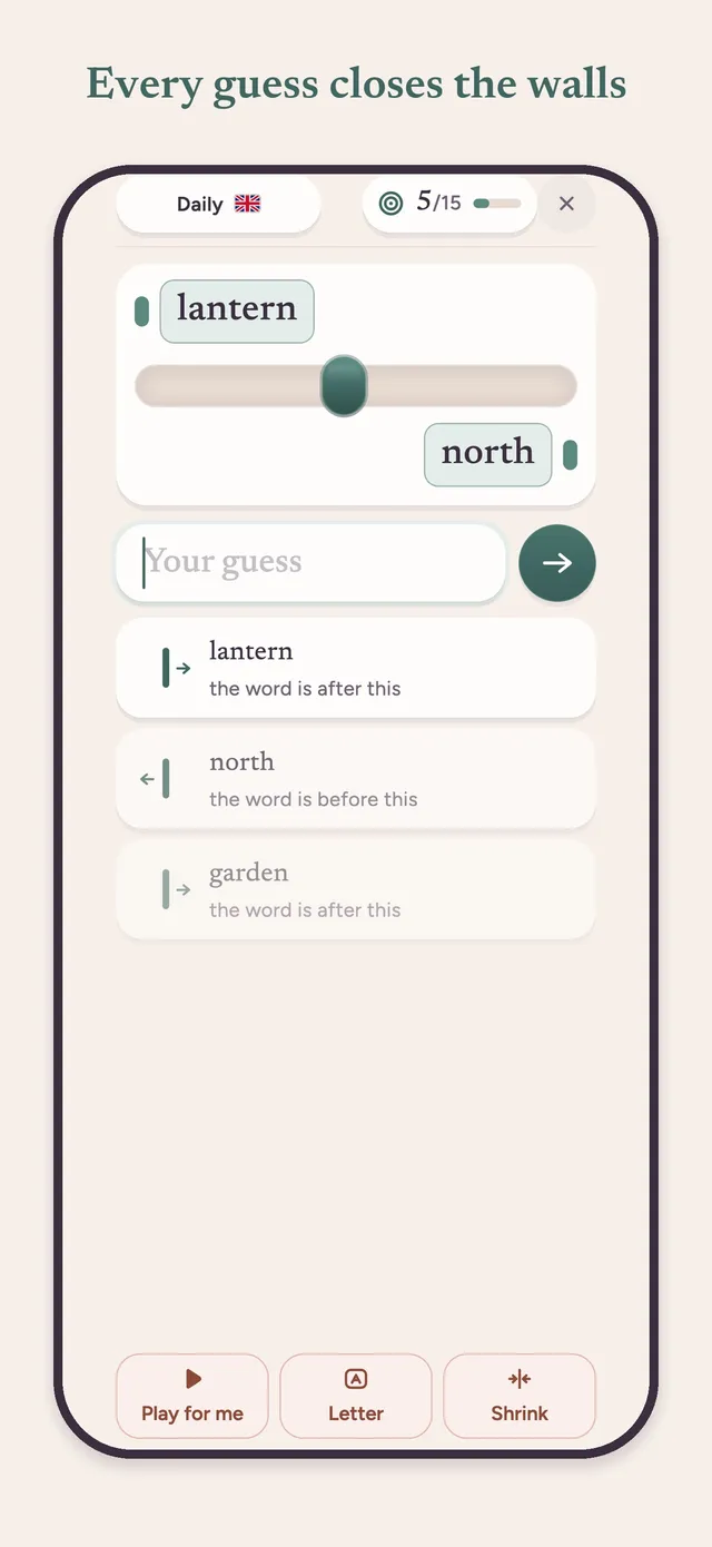 Dixio daily board at 5 of 15 guesses with the walls at lantern and north, guesses listed as after or before the word, and Play for me, Letter and Shrink buttons