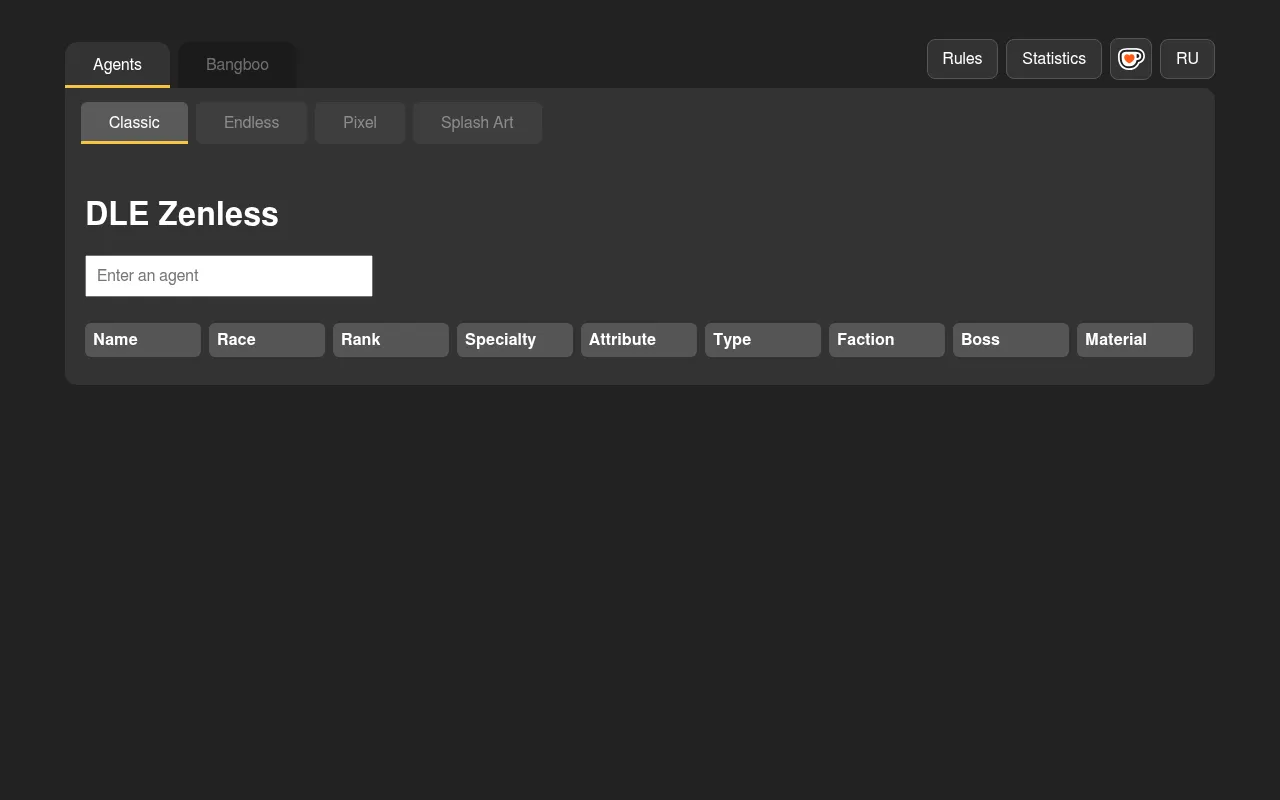 DLE Zenless Classic mode: the Enter an agent box above columns for name, race, rank, specialty, attribute, type, faction, boss and material