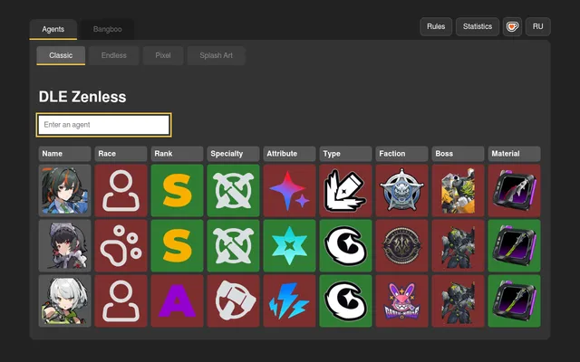 DLE Zenless Classic board with three agent guesses, each trait tile from race to material marked green for a match or red for a miss