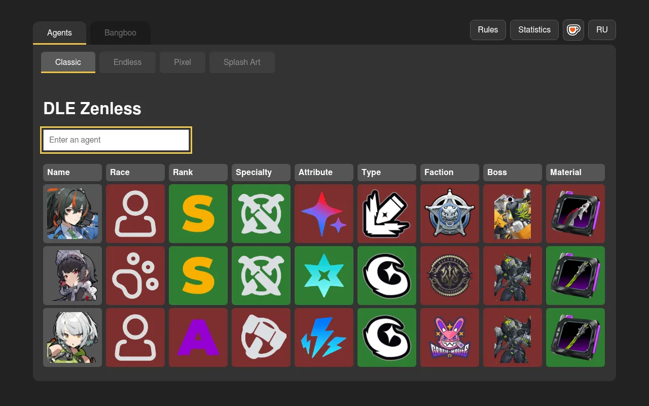 DLE Zenless Classic board with three agent guesses, each trait tile from race to material marked green for a match or red for a miss
