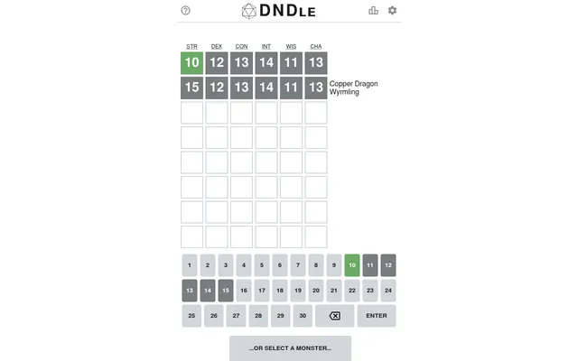 Today's DNDle board in play: two guesses of six ability scores, a green 10 under STR and grey tiles, Copper Dragon Wyrmling named beside a row, and the 1 to 30 number pad