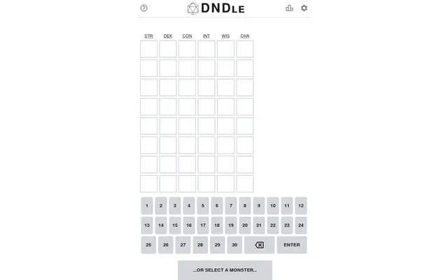 The DNDle board: eight empty rows under the columns STR, DEX, CON, INT, WIS and CHA, a number pad from 1 to 30 and a button to select a monster