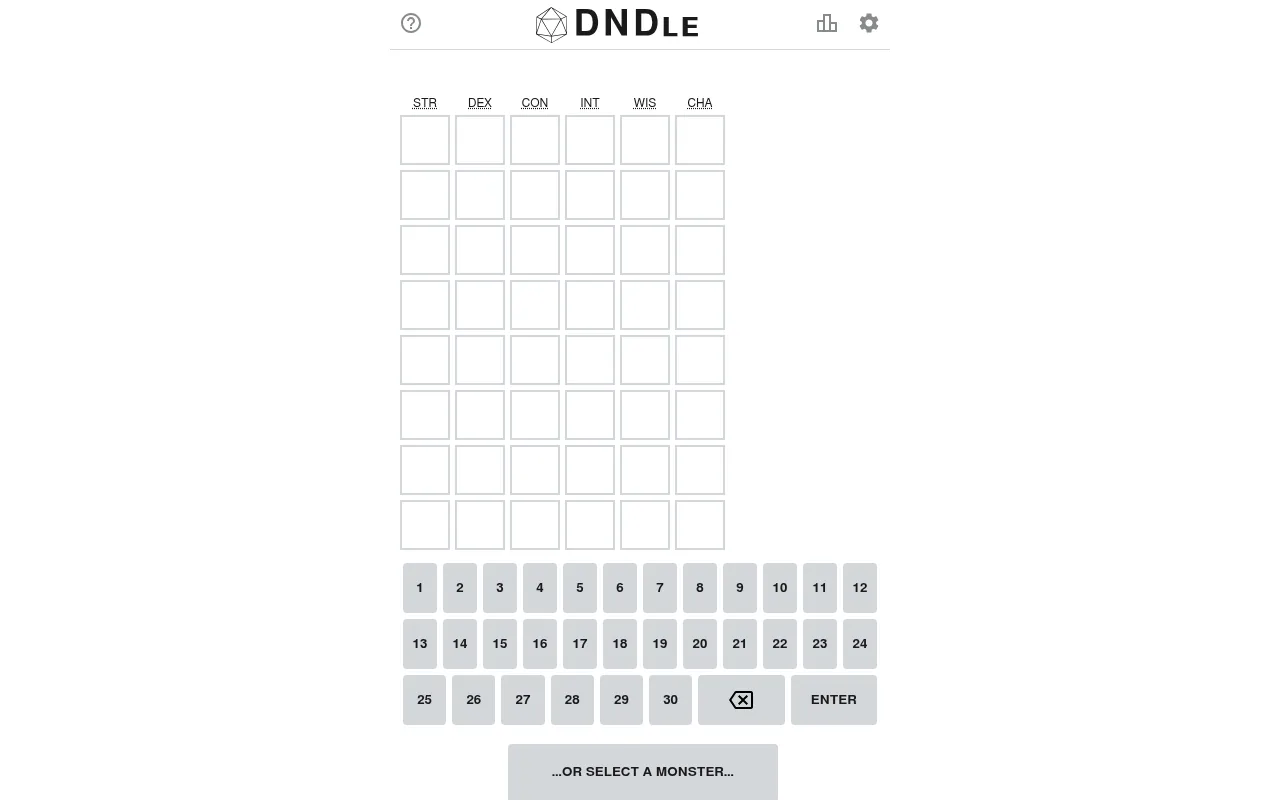 The DNDle board: eight empty rows under the columns STR, DEX, CON, INT, WIS and CHA, a number pad from 1 to 30 and a button to select a monster