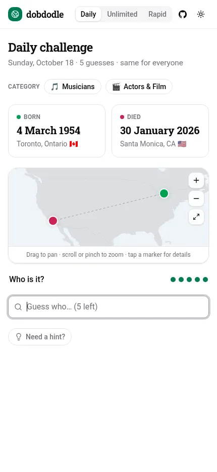 The same Dobdodle daily board at phone size, with the category chips, date cards, map and guess box in one column