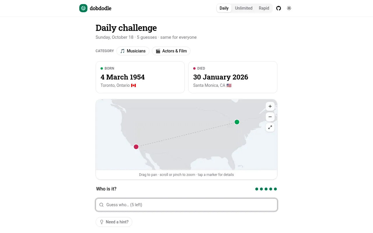 Dobdodle's daily board for 18 October 2026: born and died cards (Toronto 1954, Santa Monica 2026), two pins joined on a map of North America, and the Guess who box with five guesses left