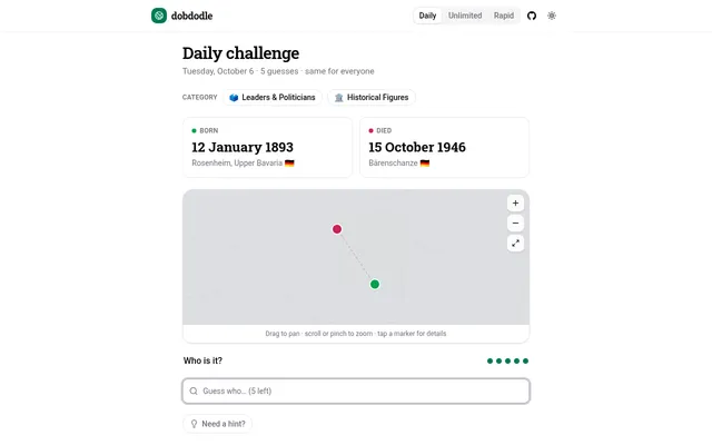 Dobdodle's daily challenge: born and died cards with dates and German places, two pins on a map joined by a dotted line, and the Guess who box with five guesses left