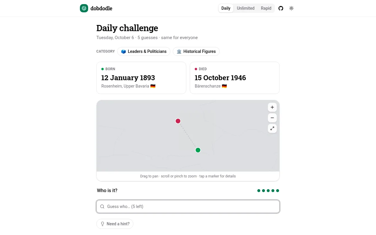 Dobdodle's daily challenge: born and died cards with dates and German places, two pins on a map joined by a dotted line, and the Guess who box with five guesses left