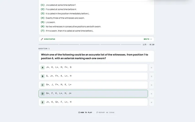 Docket on mindloftdaily.com: seven numbered conditions about six witnesses, a scratchpad bar, and question 1 of 5 with five answer choices A to E
