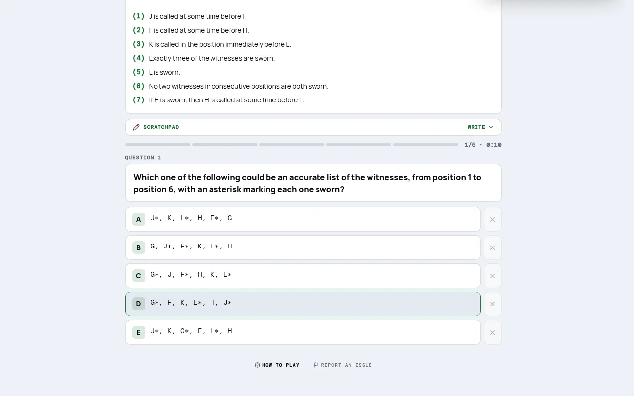 Docket on mindloftdaily.com: seven numbered conditions about six witnesses, a scratchpad bar, and question 1 of 5 with five answer choices A to E